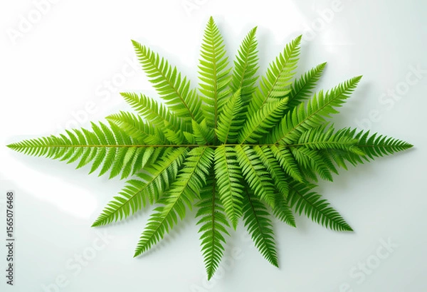 Fototapeta Arrangement of green fern fronds radiating from a central point on a white surface creating a starburst effect