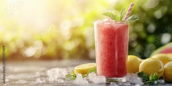 Obraz Refreshing summer drink garnished with mint and lemon on a sunny day surrounded by ice