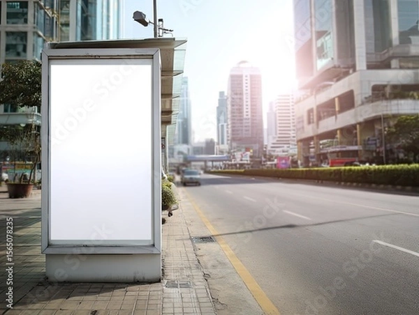 Fototapeta Empty White Blank Billboard Display In Urban City Setting For Advertising