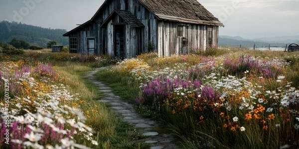 Obraz Rustic wooden cabin surrounded by vibrant wildflowers in a serene landscape during early morning light