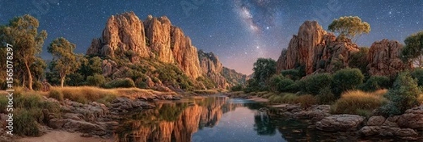 Obraz Starlit landscape over serene river with rugged rocks and lush vegetation at twilight in a remote natural setting