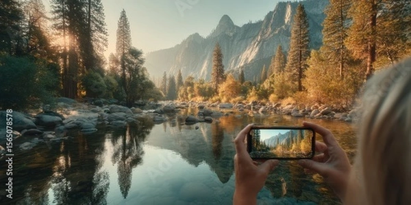Obraz Capturing a serene river view in the mountains during golden hour with a smartphone in hand