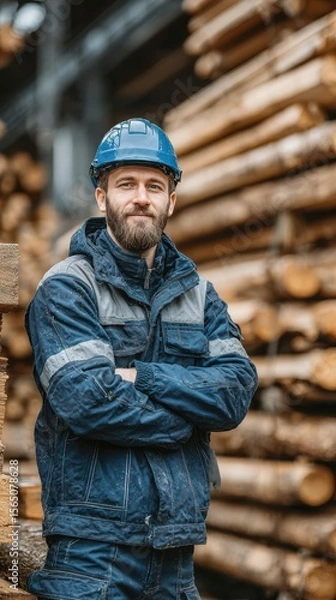 Obraz Skilled worker posing confidently at a lumber yard during the daylight hours