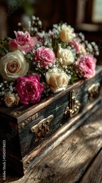 Obraz Floral arrangement of pink and cream roses in a vintage wooden box on a rustic table during soft morning light