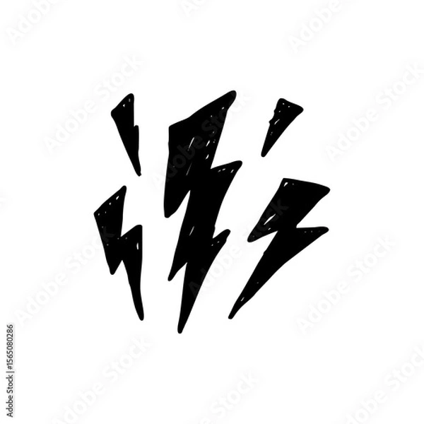 Obraz Set of bold lightning bolt symbols in hand drawn black doodle style. Electric energy icons on transparent SVG background for comics, storm visuals, alerts, superhero themes, or edgy designs.