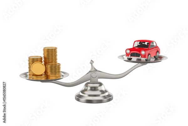 Fototapeta Car and money on scale on white background. Isolated 3D illustration