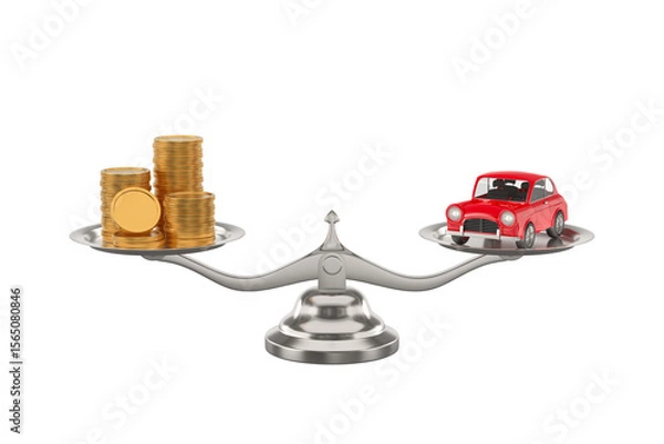 Fototapeta Car and money on scale on white background. Isolated 3D illustration