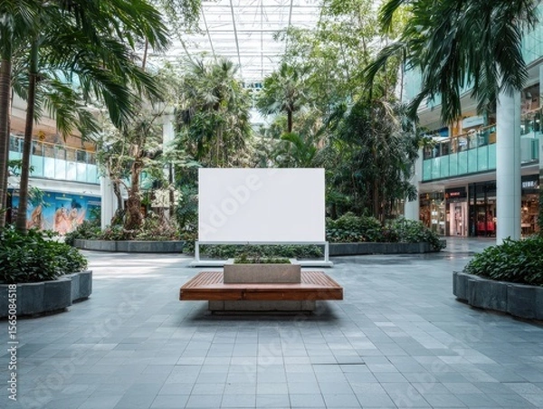 Fototapeta Empty White Blank Space In Modern Mall Surrounded By Lush Greenery