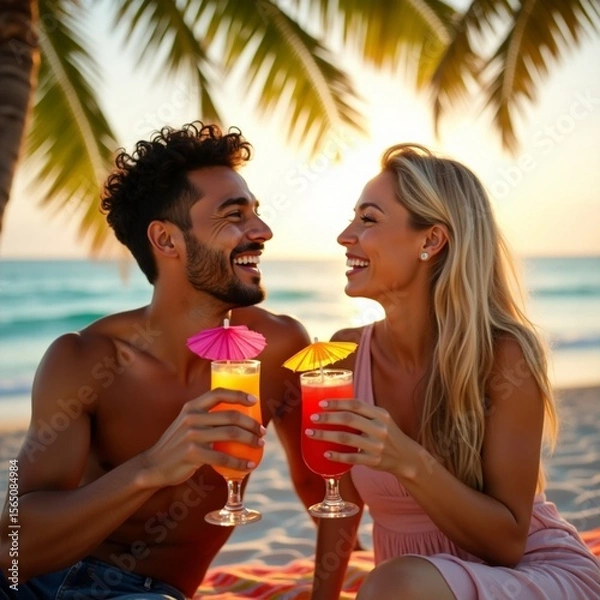 Fototapeta A mixed-race couple (Latino man and Caucasian woman) laughing on a beach at sunset with tropical cocktails. Palm trees and ocean in the background.