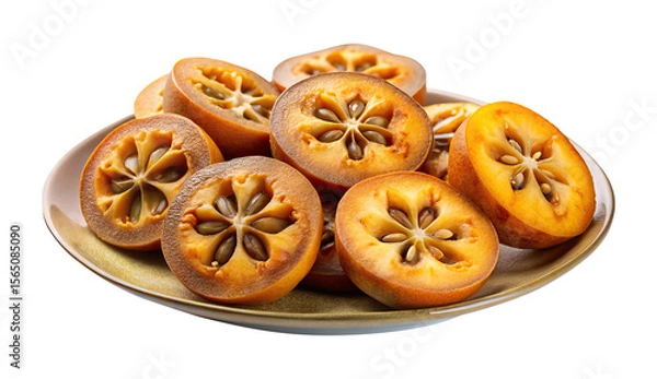 Fototapeta Delicious ripe persimmon fruit slices on a plate with their unique pattern on Transparent PNG