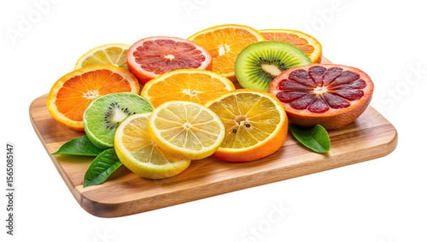 Fototapeta A vibrant display of assorted citrus fruit slices on a wooden board on Transparent PNG