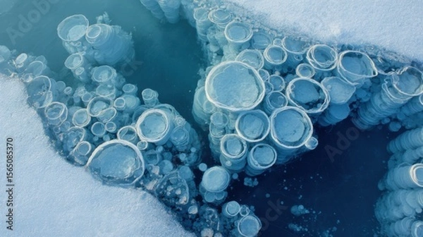 Fototapeta Frozen lake bubbles trapped under ice forming cellular structures. Cool blue/white palette with subtle turquoise undertones