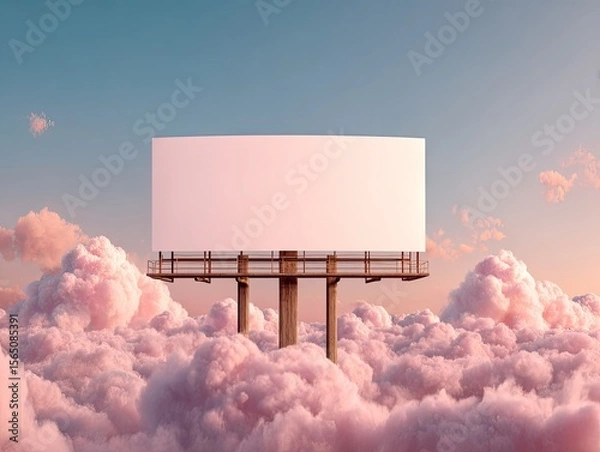 Fototapeta Empty White Billboard Displaying Blank Space Surrounded By Dreamy Clouds