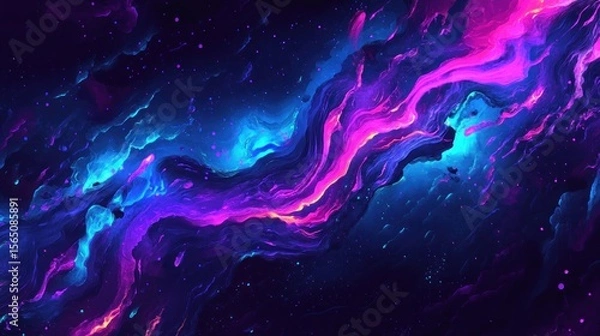 Fototapeta A dynamic abstract scene with bold, swirling neon lines in blue, purple, and pink cutting through a dark space, creating an energetic, tech-inspired atmosphere