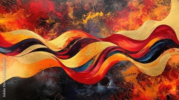 Fototapeta A dynamic abstract scene with flowing ribbons of deep red, orange, and yellow intertwined with glowing gold accents, creating a fiery and passionate visual impact