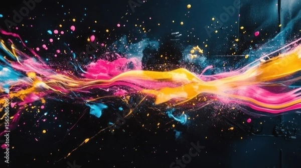 Fototapeta A dynamic abstract scene with glowing neon lines in bold pink, yellow, and blue streaks cutting through the darkness, creating an energetic and fast-paced vibe