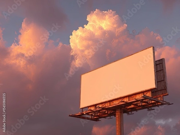 Fototapeta Empty White Blank Billboard Against A Dramatic Sunset Sky With Clouds