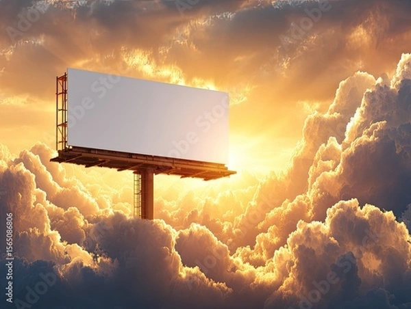 Fototapeta Empty White Billboard Surrounded By Dramatic Clouds and Sunset Light
