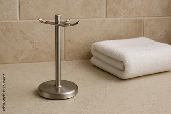 Fototapeta A sleek stainless steel shaving brush stand sits on a beige bathroom counter, paired with a folded white towel, creating a clean and elegant display space for grooming essentials.