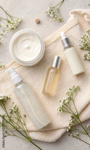 Obraz fresh herbs and olive oil, Top-down view of self-care products with minimal label-free packaging, soft tone