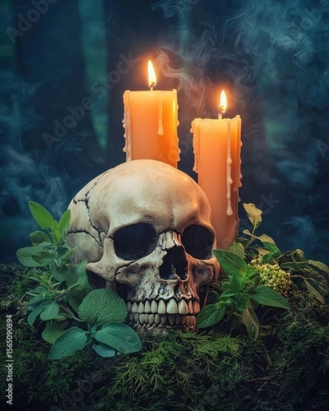 Obraz skull candle altar art moonlit forest altar with skull candles herbs and bones soft mist rolling through backlight from moon and rim candlelight