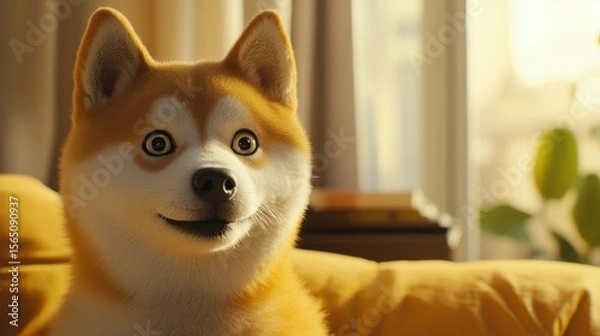 Fototapeta A playful screenshot of a dog meme shared in a chat, bright and cheerful in a cozy setting