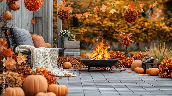 Fototapeta Cozy autumn patio with fire pit.  Fall decorations, pumpkins, blankets, and a warm fire create a welcoming atmosphere