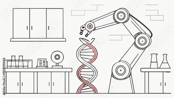 Fototapeta Robotic arm manipulating a dna strand in a laboratory setting with equipment and furniture shown