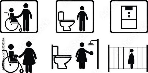 Fototapeta Accessibility Icons Set,Wheelchair, Restroom, and Family Friendly Symbols,medical assistance symbols,restroom and accessibility icon set,seating options,Eight minimalist restroom accessibility signs,