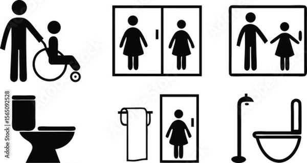 Fototapeta Accessibility Icons Set,Wheelchair, Restroom, and Family Friendly Symbols,medical assistance symbols,restroom and accessibility icon set,seating options,Eight minimalist restroom accessibility signs,