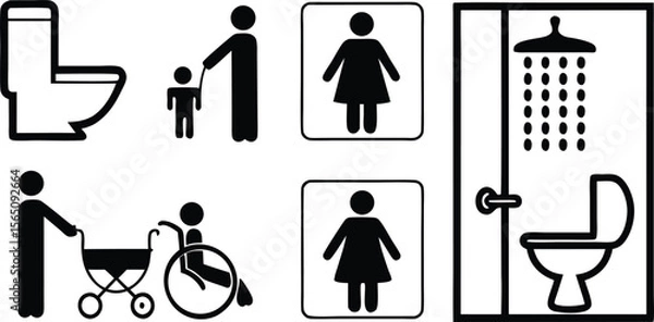 Fototapeta Accessibility Icons Set,Wheelchair, Restroom, and Family Friendly Symbols,medical assistance symbols,restroom and accessibility icon set,seating options,Eight minimalist restroom accessibility signs,