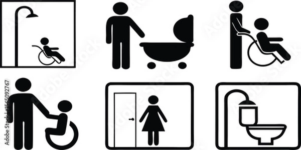 Fototapeta Accessibility Icons Set,Wheelchair, Restroom, and Family Friendly Symbols,medical assistance symbols,restroom and accessibility icon set,seating options,Eight minimalist restroom accessibility signs,