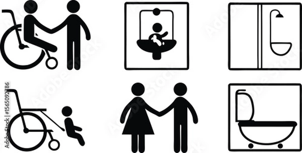 Fototapeta Accessibility Icons Set,Wheelchair, Restroom, and Family Friendly Symbols,medical assistance symbols,restroom and accessibility icon set,seating options,Eight minimalist restroom accessibility signs,