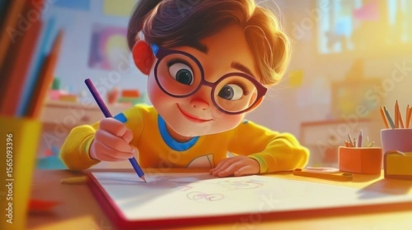 Obraz Creative cartoon drawing for kids, focusing on joyful and vibrant characters, suitable for young learners