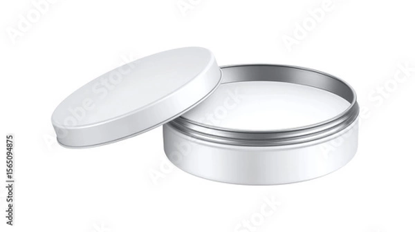 Fototapeta Open white metal jar with an exposed silver rim and a slightly angled lid