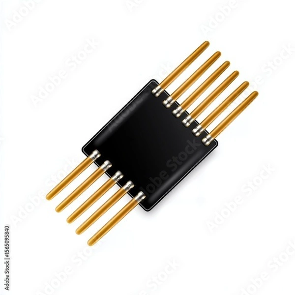 Obraz Detailed Black Integrated Circuit Chip with Metallic Gold Pins on White Background