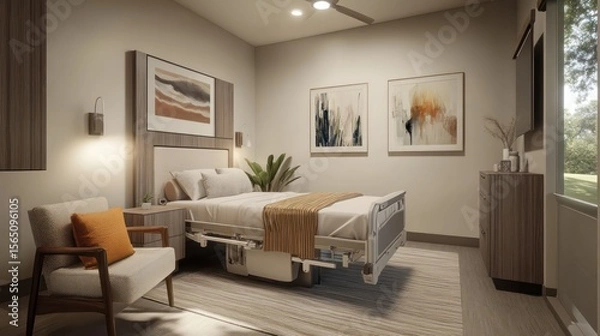 Fototapeta Custom adaptive bedroom featuring adjustable furniture, neutral tones, safety rails, and cozy textures to ensure safety and comfort