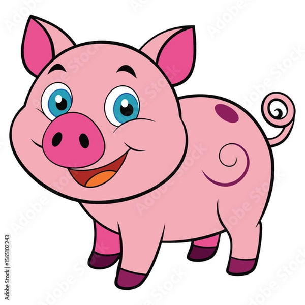 Fototapeta Happy Cartoon Pig with a Curly Tail