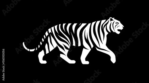 Fototapeta White tiger striding elegantly across monochrome background, minimalist vector design highlighting sleek silhouette and graphic potential for branding materials