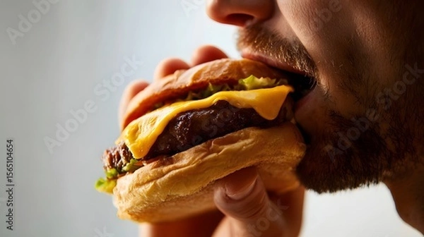 Fototapeta Close-up of a man preparing to bite into a delicious cheeseburger with fresh ingredients