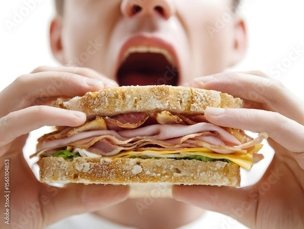 Fototapeta Enthusiastic person preparing to take a big bite of a delicious sandwich with layers of meat and cheese