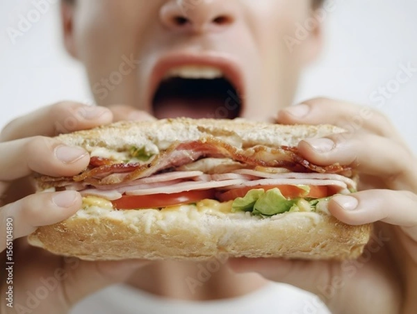 Fototapeta Young man excitedly holding a large sandwich in front of his mouth with a plain background