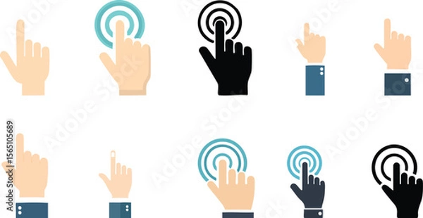 Fototapeta Vector Set of Stylized Hand Icons with Pointing and Tapping Gestures in Skin Tones and Solid Black, Arranged Neatly on a White Background for Digital Interface Design

