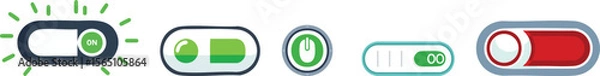 Fototapeta Vector Interface Illustration of Five Modern Toggle Switches in Various On and Off States with Digital UI Elements and Soft Lighting on a White Background

