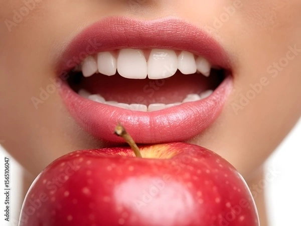 Fototapeta Close-up of a woman's mouth holding a red apple, showcasing healthy teeth and a playful expression