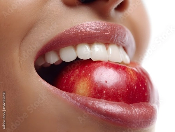 Fototapeta Close-up of a smiling person holding a red apple in their mouth, highlighting healthy eating habits