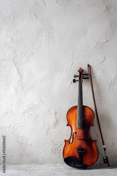 Obraz A violin with a bow rests against a textured white wall its wooden body contrasting with the stark background