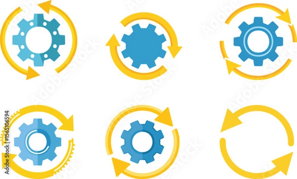 Fototapeta Vector Set of Six Circular Process Icons Featuring Blue Gears and Golden Yellow Arrows Representing Workflow, Rotation, and Continuous Improvement Concepts

