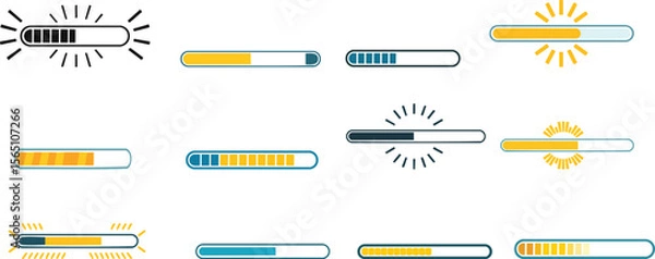 Fototapeta Vector Collection of Twelve Horizontal Loading Bar Designs in a Grid Layout Featuring Colorful Progress Indicators in Blue, Yellow, and Gray on a Clean White Background

