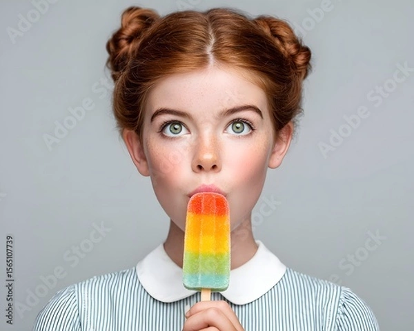 Fototapeta Young girl with colorful popsicle, smiling against a neutral background, showcasing joy and summer fun